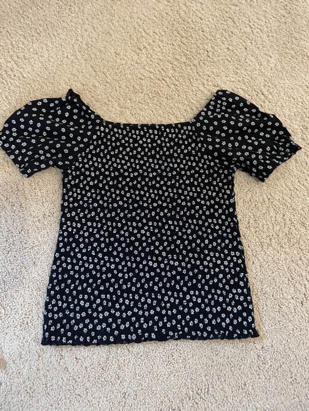 Girls' Black Smocked Puff-Sleeve Floral Top